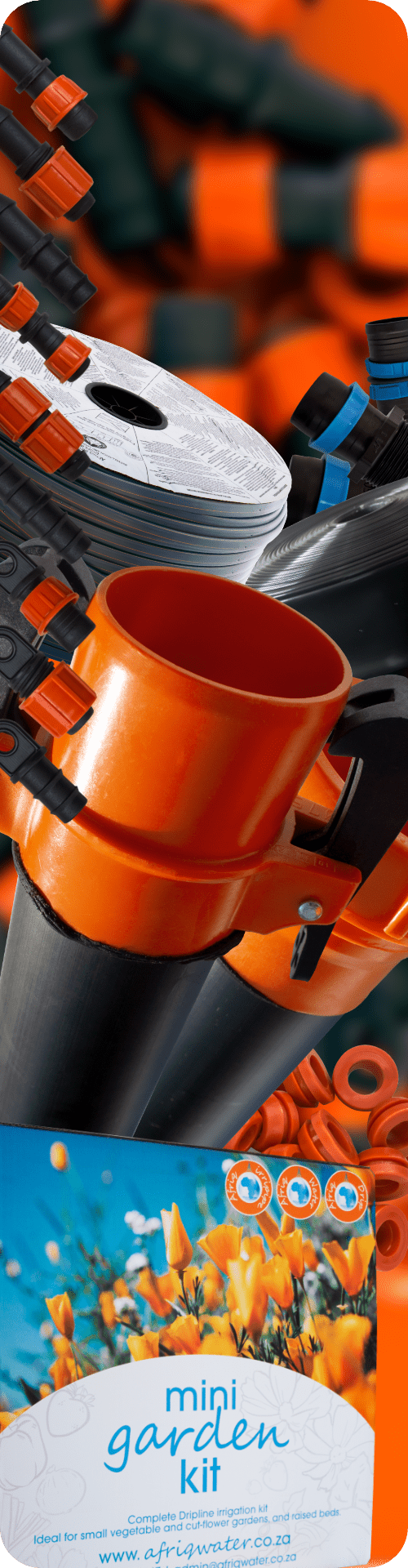 Afriq Water About Us image with some of Afriq Water's products like rain hose and rain hose fittings, Quick Coupling HPDE pipes, mini garden kit dripline, dripline roll and dripline fittings